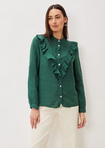 Phase Eight Enid Linen Frill Shirts Dark Green Australia | BR1863502